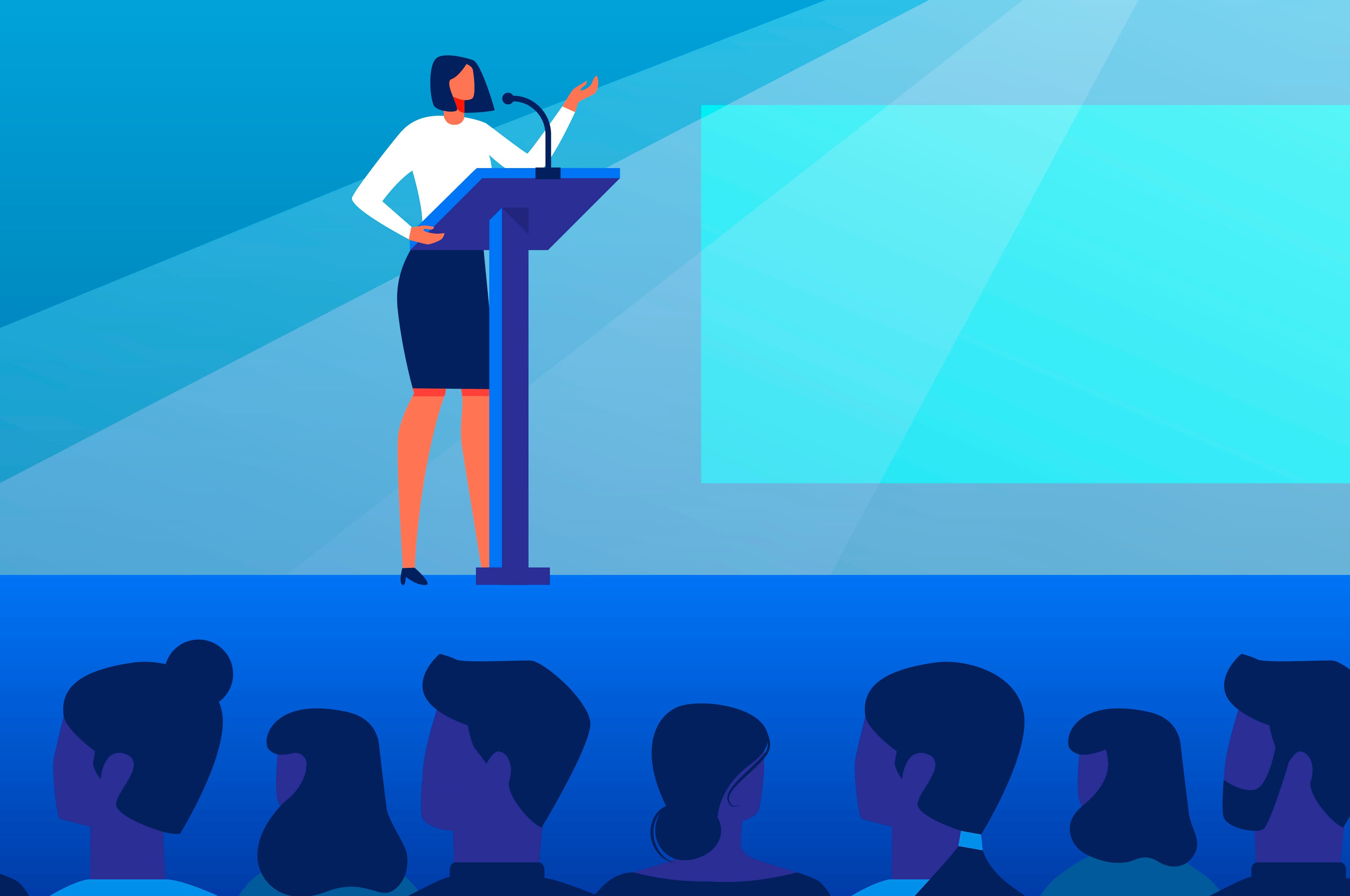 cartoon women on stage speaking to her target audience at a corporate event