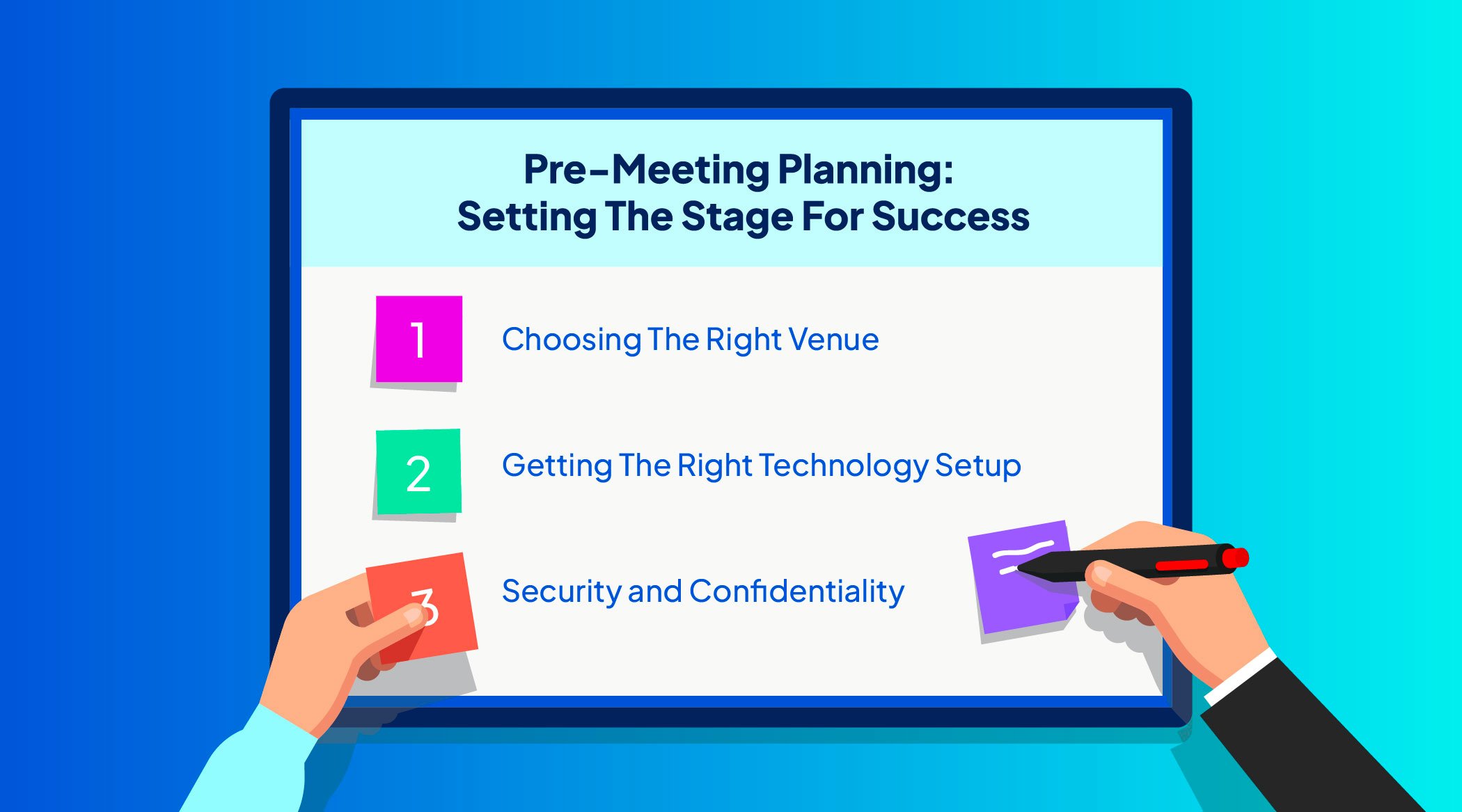 hands adding post-it notes, creating a meeting agenda