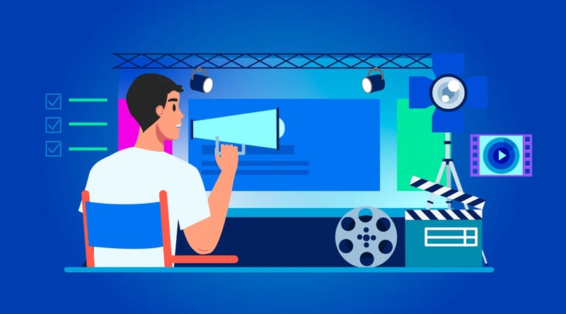a man directing video, audio, and management.